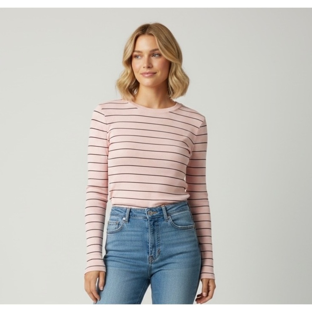 NEW Pink Striped Ribbed Long Sleeve Fitted Top Size Small Core Casual Tee